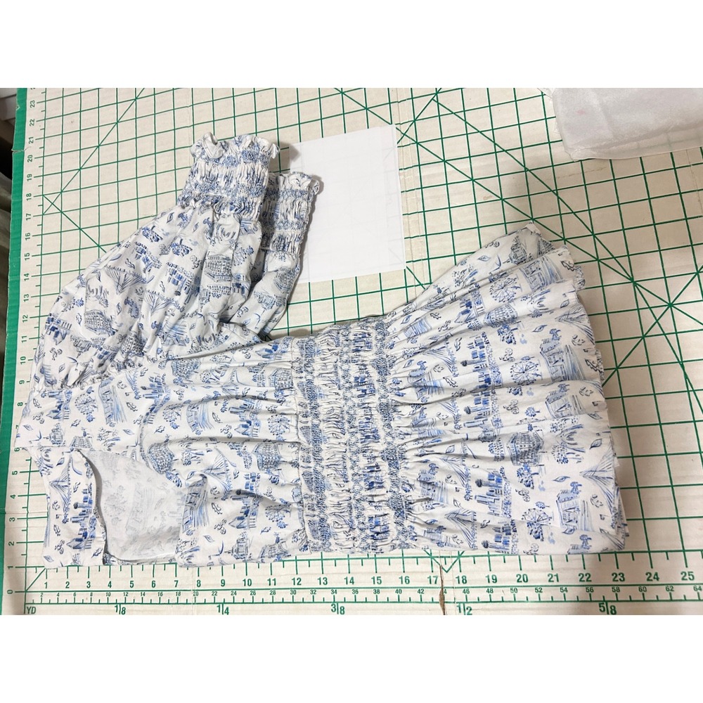 Dondolo XL Toile Top Blue White Smocked Puff Sleeve Cotton Cottage Ferris Travel - Picture 6 of 11